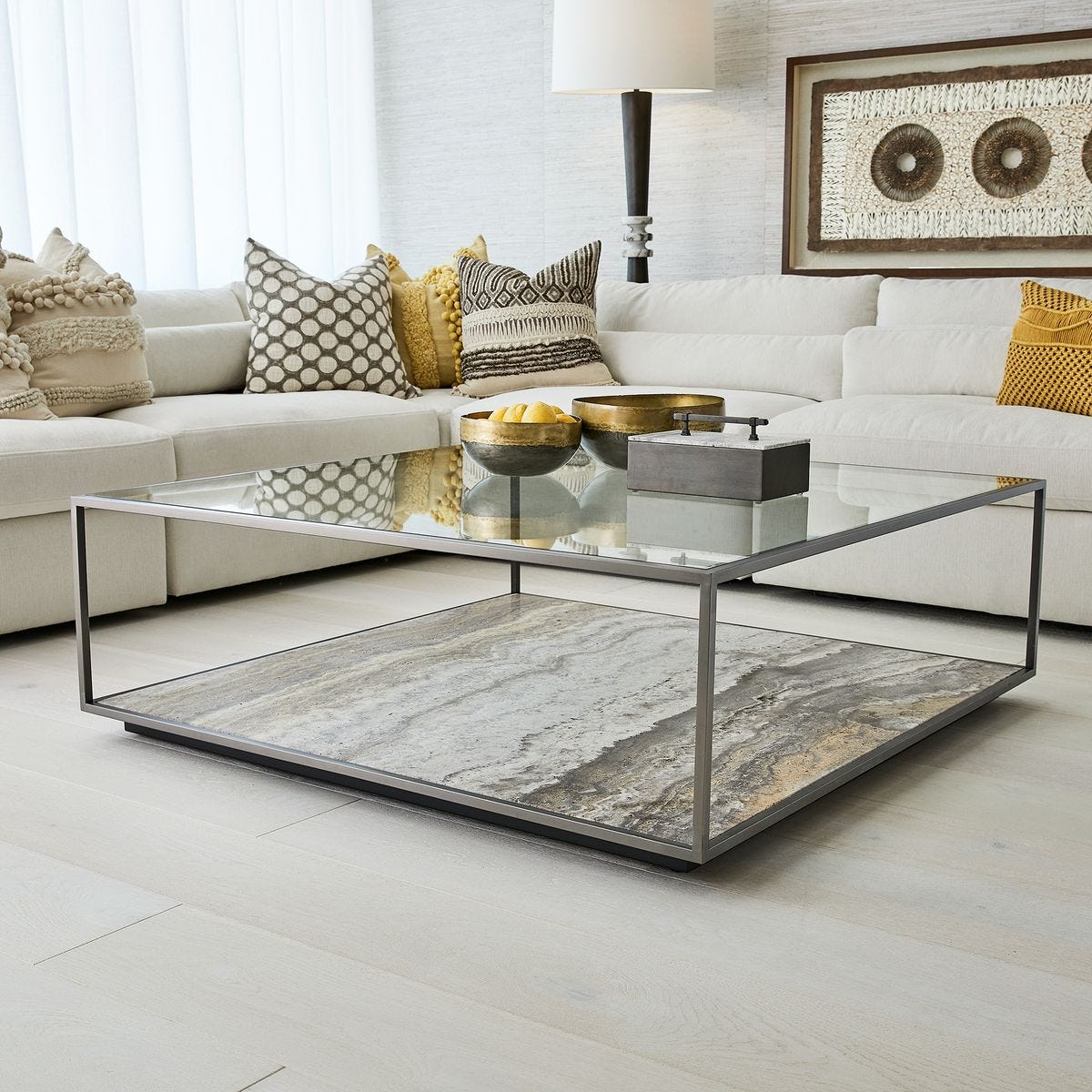 Floating Plane Coffee Table - Travertine/Bronze, 2 Cartons