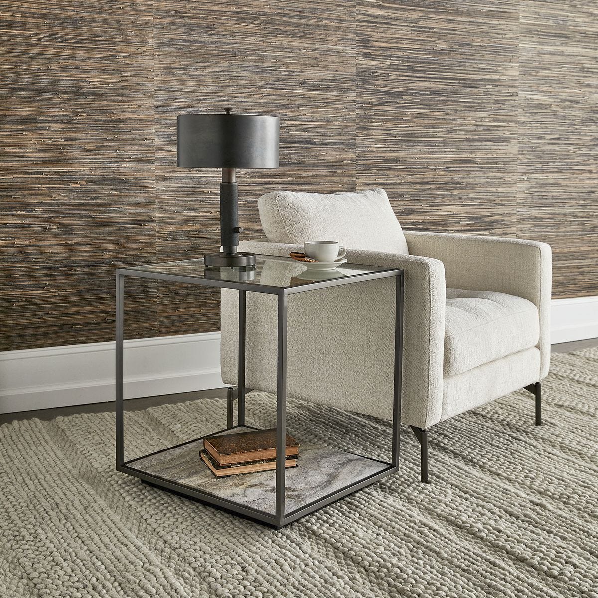 Floating Plane End Table - Travertine/Bronze