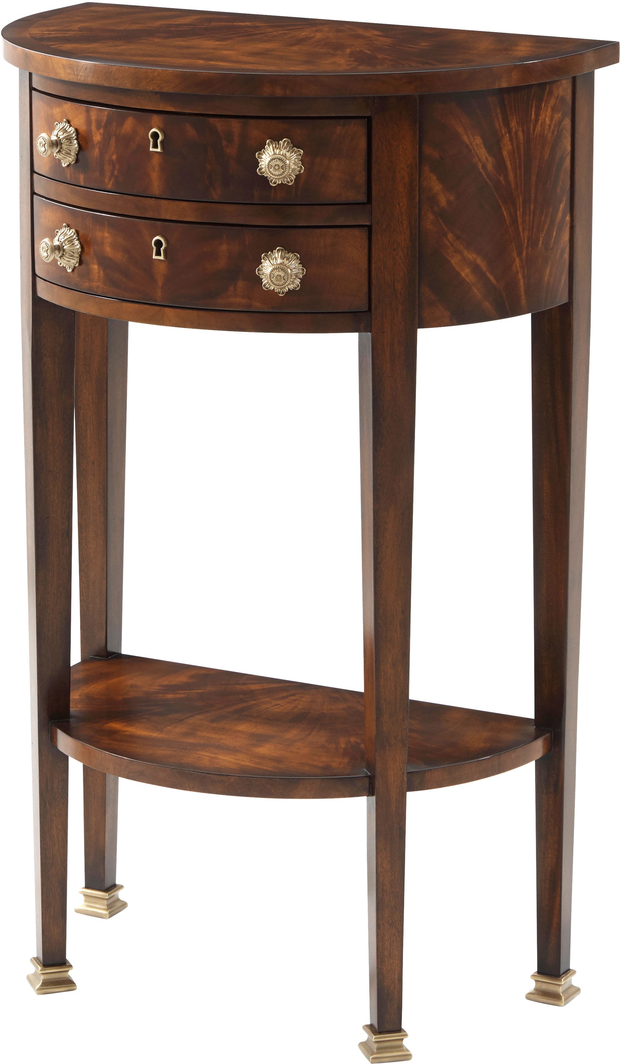 Demi Lune Accent Console Table in Flame Figured Veneer, Mahogany, Brass - Theodore Alexander