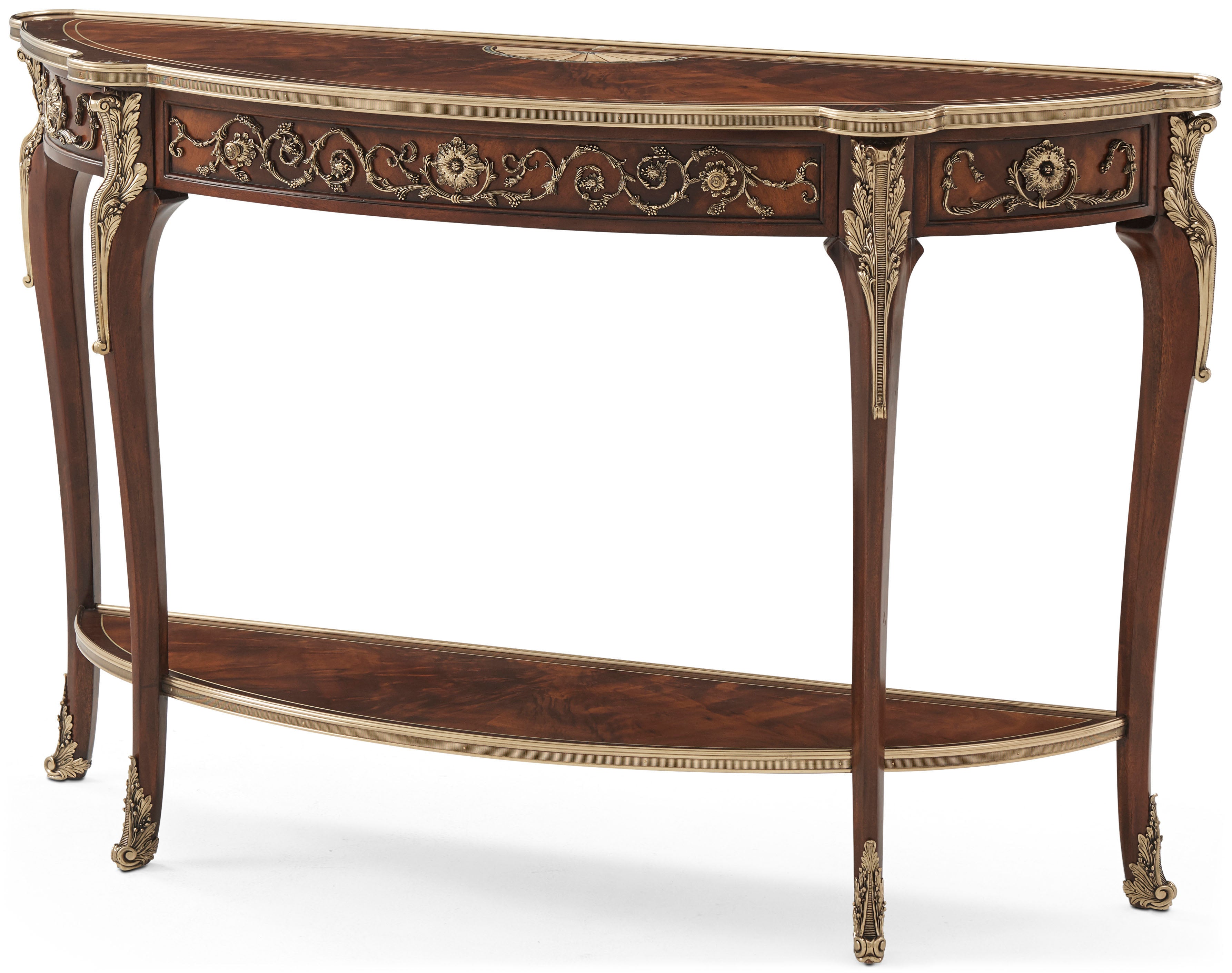 Melina Cosole Table in Flame Veneer, Morado Veneer, Brass - Theodore Alexander