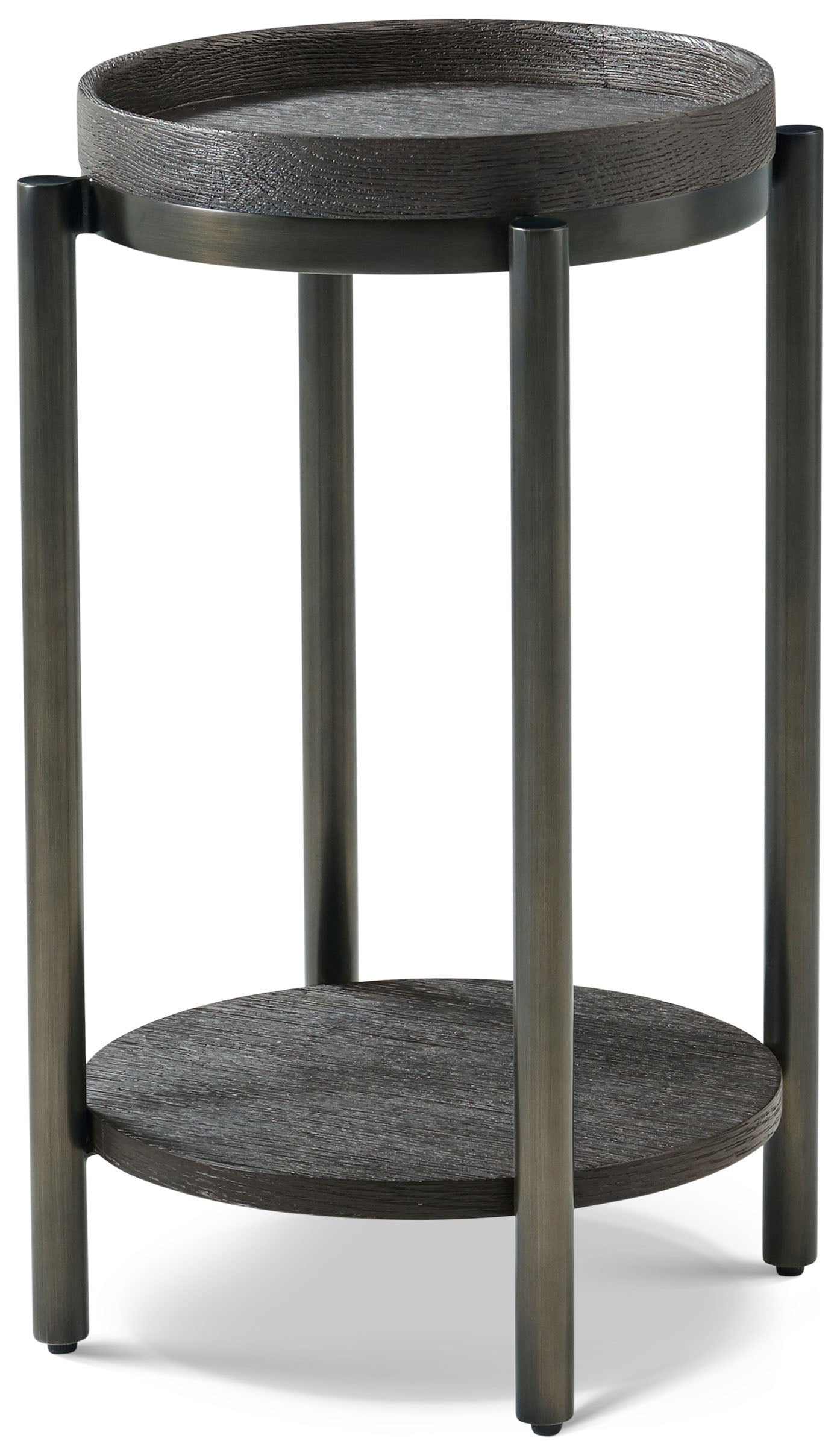 Repose Round Side Table in PCF1186.1L2HA3F_Charcoal_Oak_MCF551.SI_Bronze_Metal / Veneer, Steel - Theodore Alexander