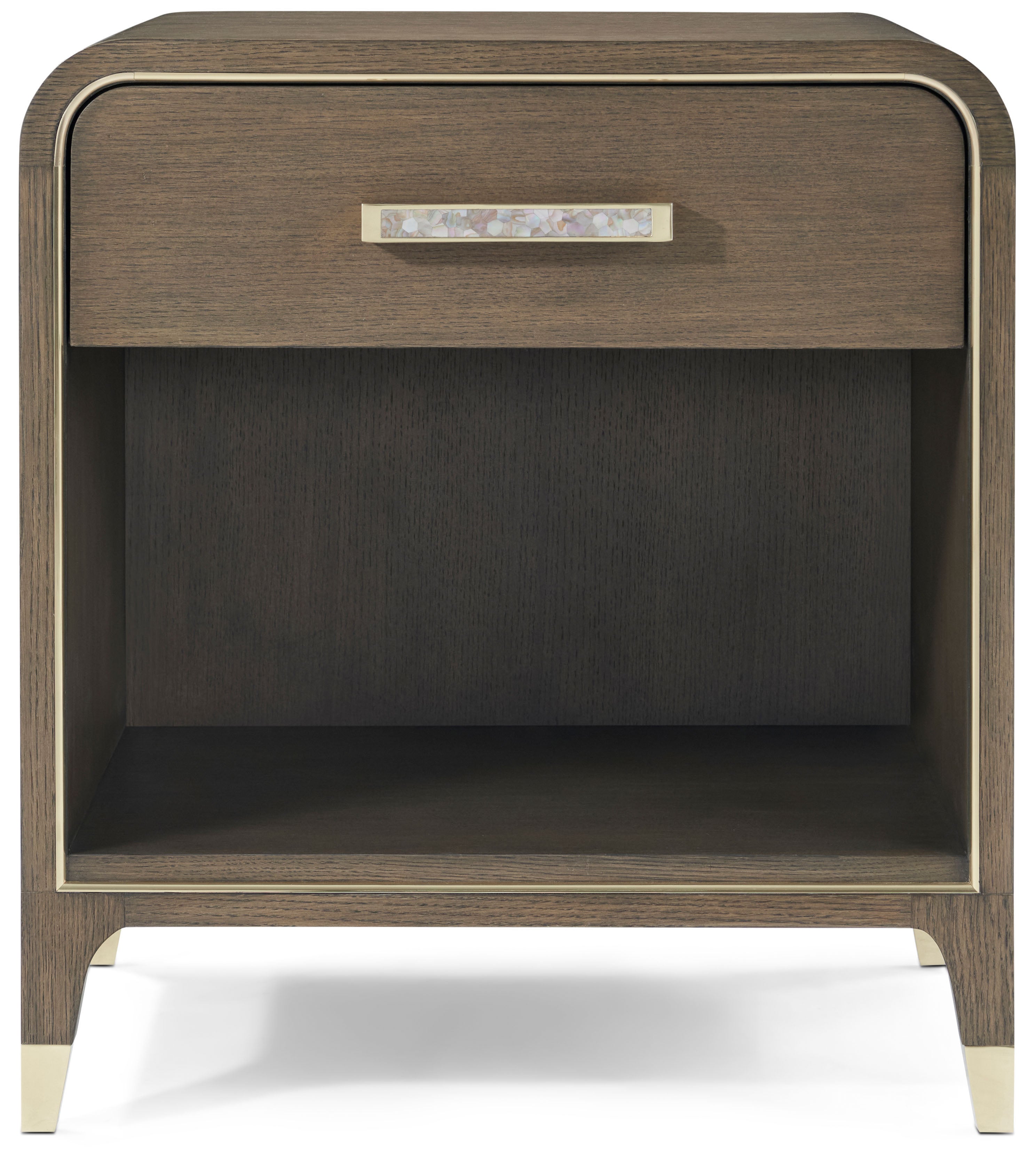 Judith Leiber 1-Drawer Nightstand in Oak Wood, Oak Veneer, Brass, Mother of Pearl - Theodore Alexander