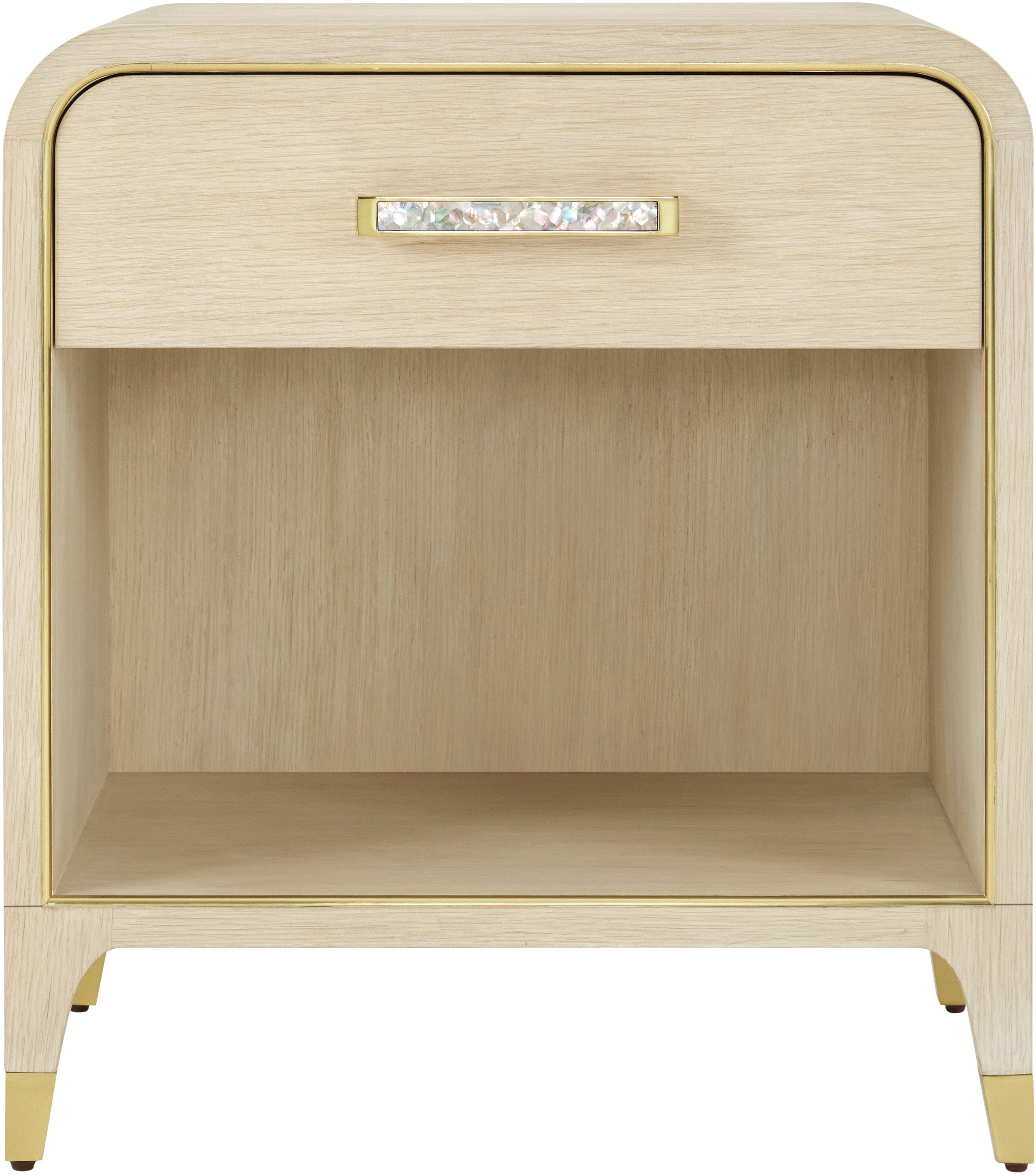 Judith Leiber 1-Drawer Nightstand in Oak Wood, Oak Veneer, Brass, Mother of Pearl - Theodore Alexander