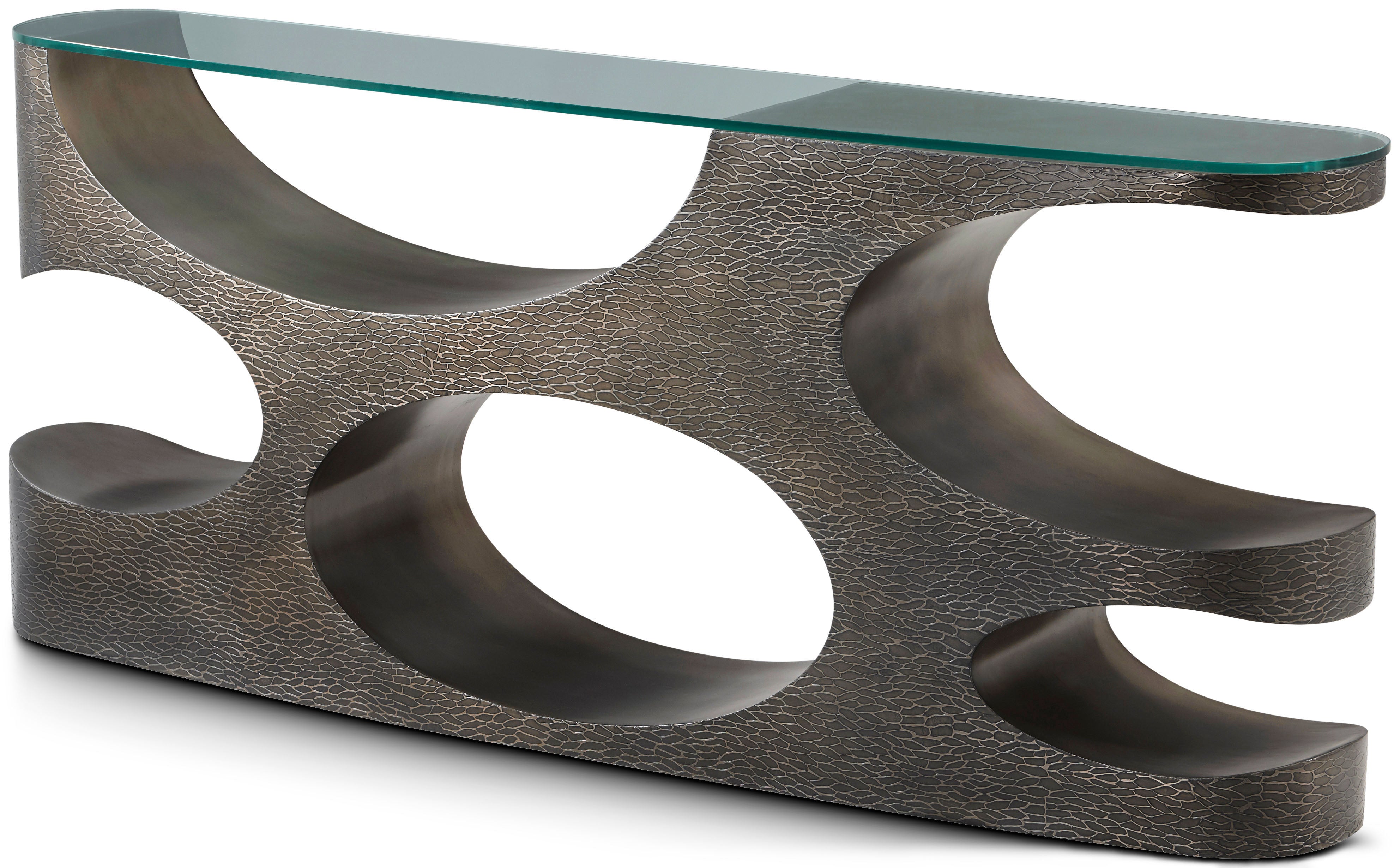 Essence Metal Console in MCF567.A_Volcanic / Aluminium, Glass - Theodore Alexander
