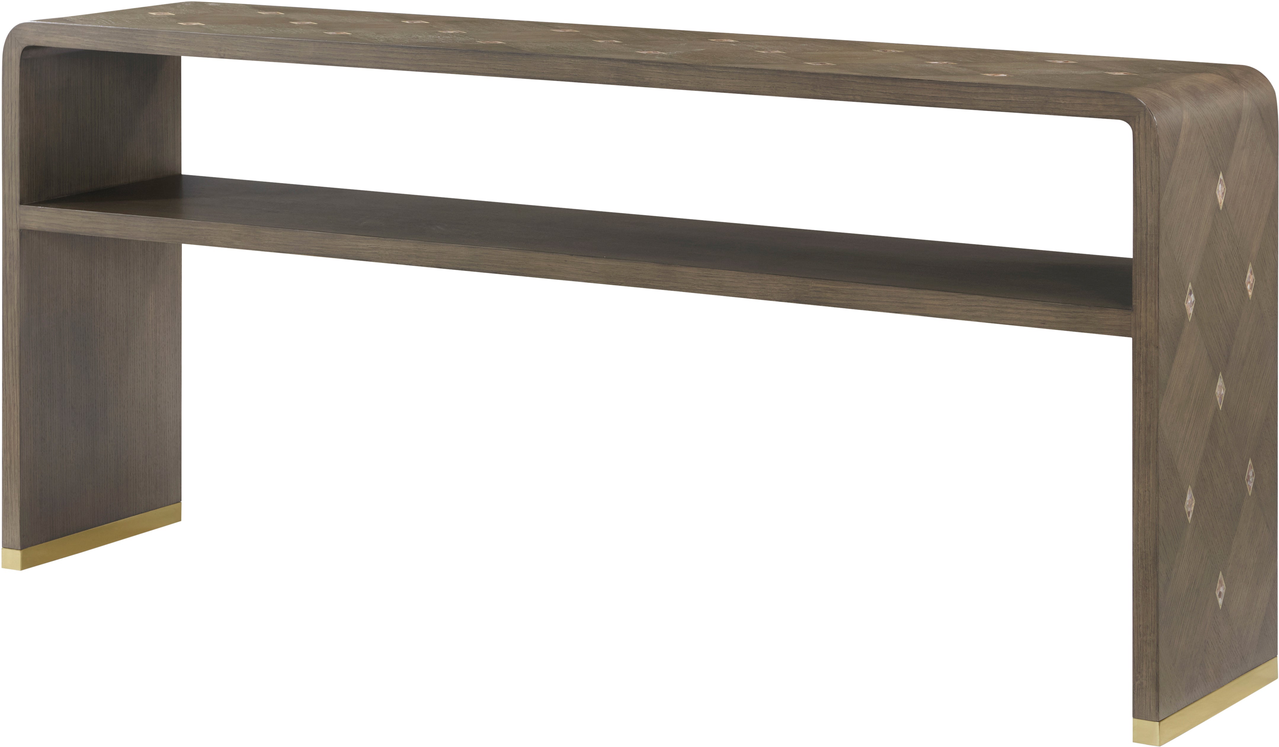 Judith Leiber Console Table in Oak Veneer, Brass, Mother of Pearl - Theodore Alexander