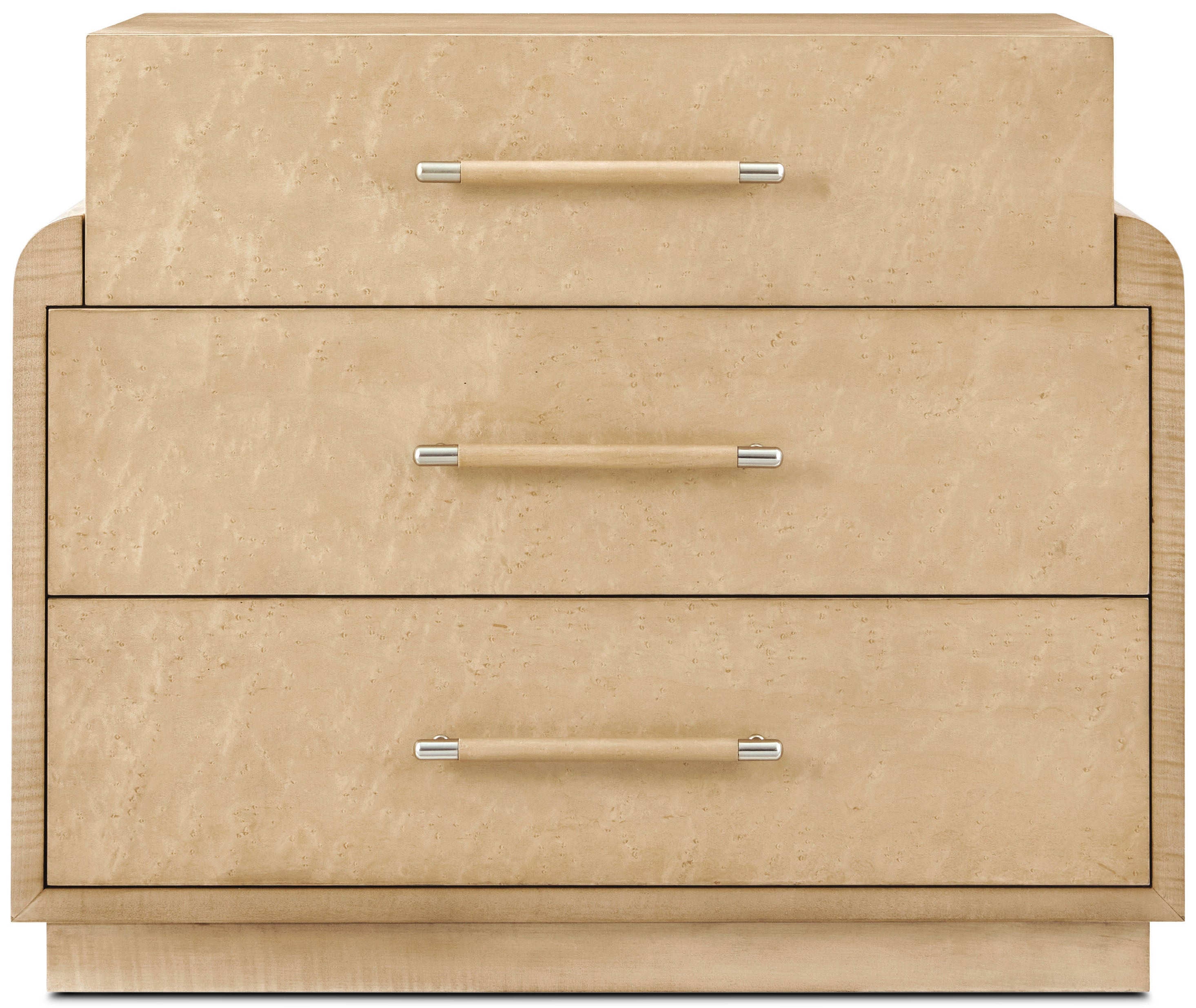 Origins Three-Drawer Nightstand in VCF1851_Sesame_VCF1852_Sesame_MCF577.B_Starlight / Maple Veneer, Sycamore Veneer, Brass - Theodore Alexander