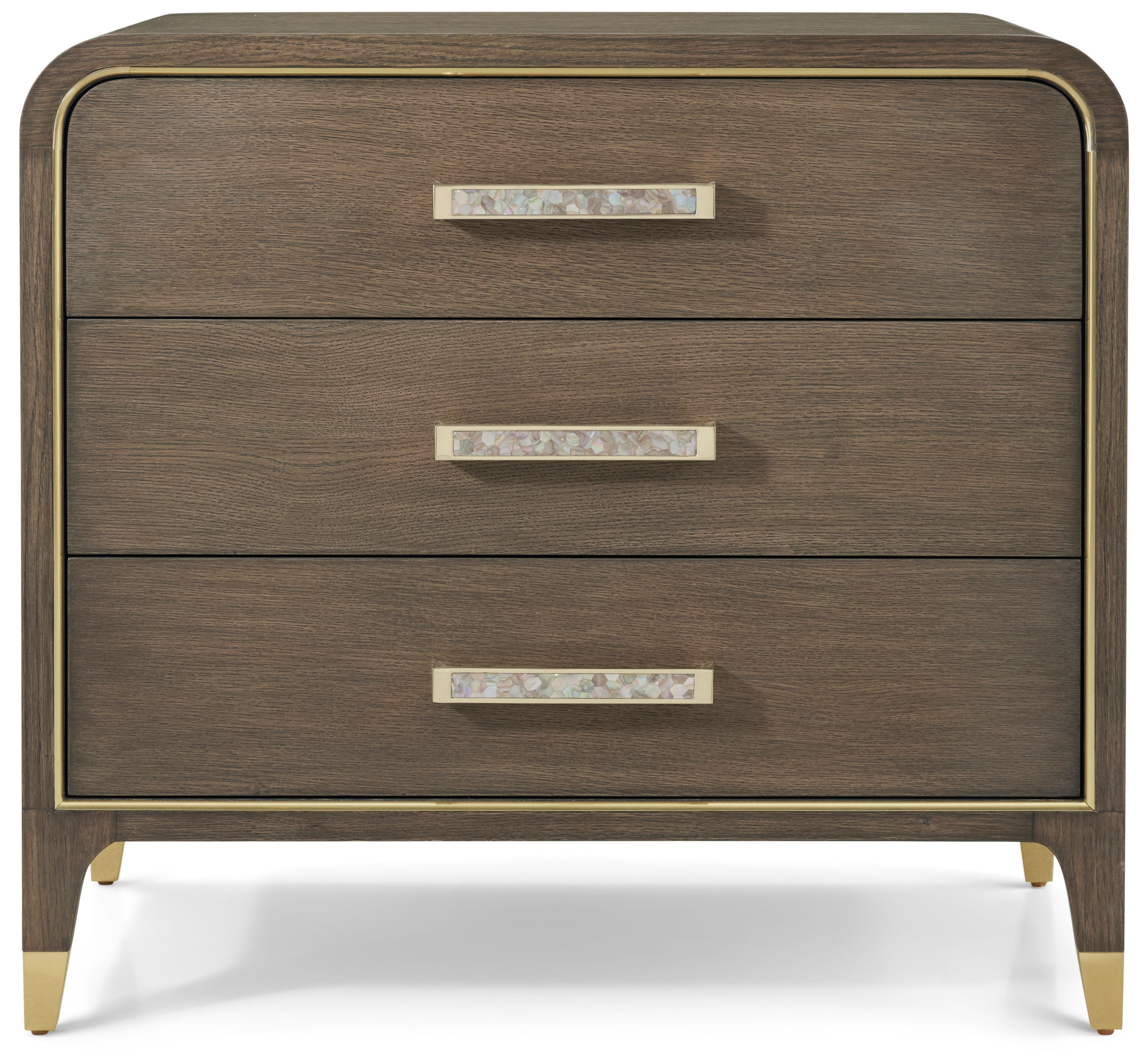 Judith Leiber 3-Drawer Nightstand in Oak Veneer, Brass, Mother of Pearl - Theodore Alexander