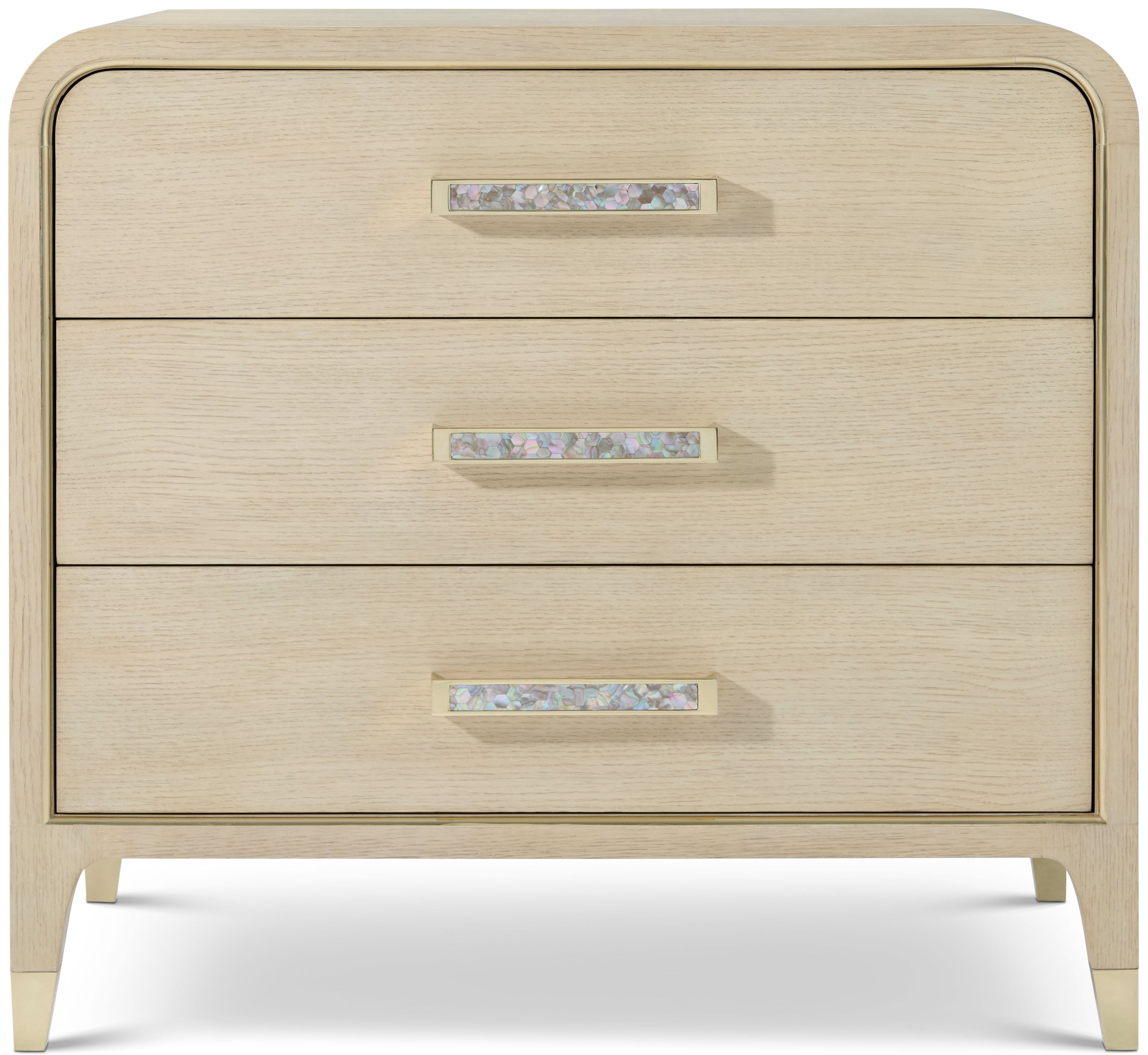 Judith Leiber 3-Drawer Nightstand in Oak Veneer, Brass, Mother of Pearl - Theodore Alexander