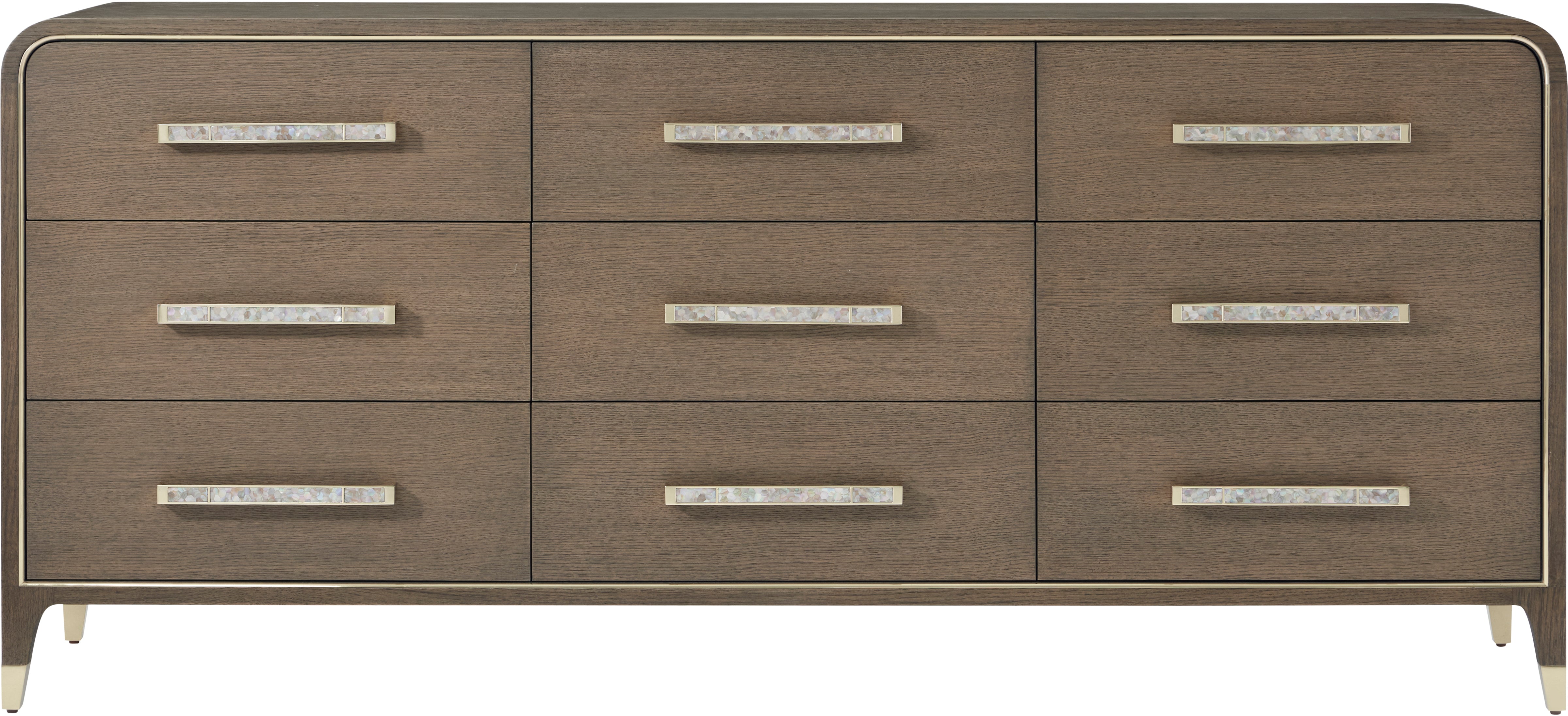 Judith Leiber 9-Drawer Dresser in Oak Veneer, Brass, Mother of Pearl - Theodore Alexander