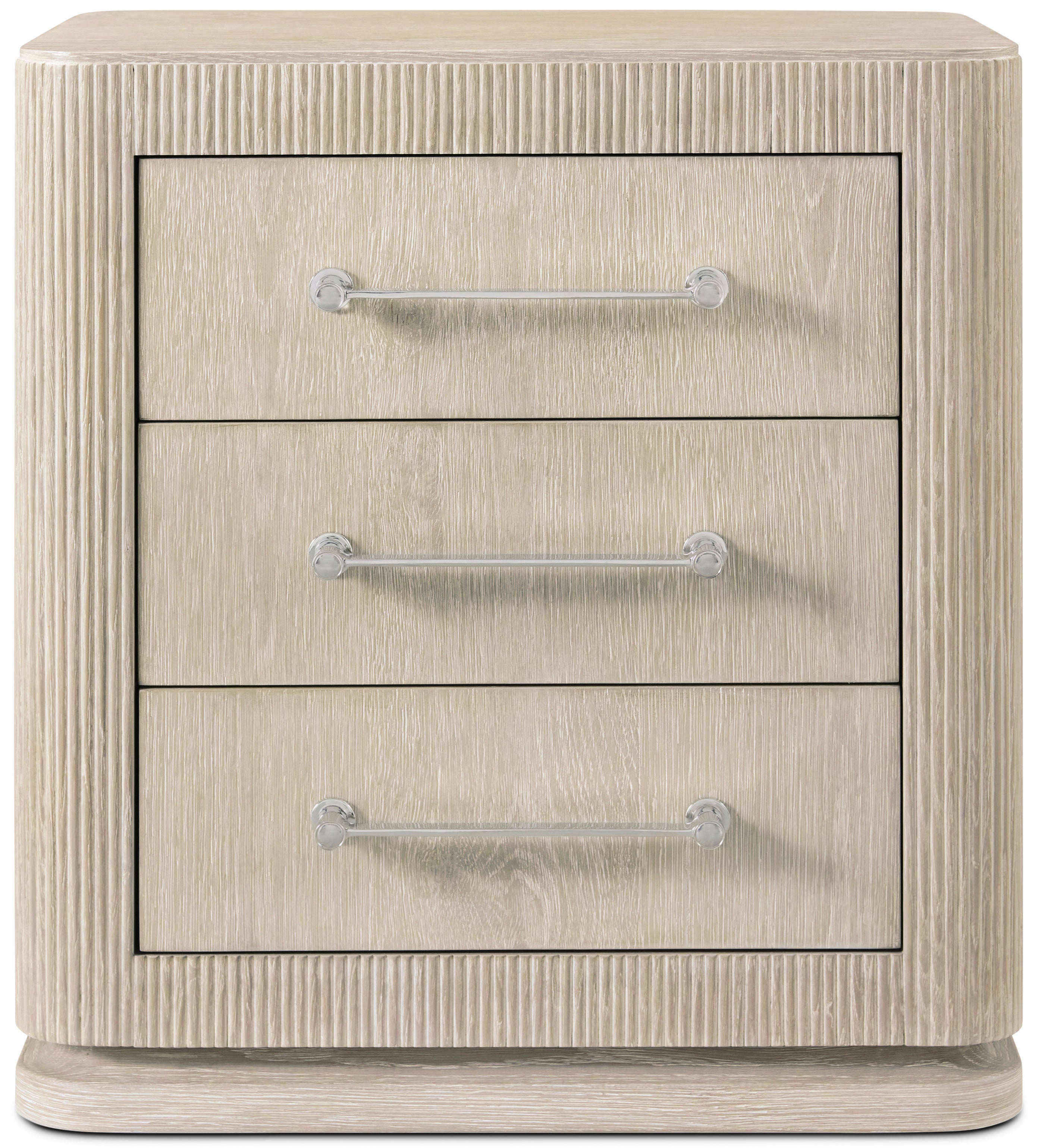 Horizon Three Drawer Small Nightstand in Ash Wood, Oak Veneer, Brass - Theodore Alexander