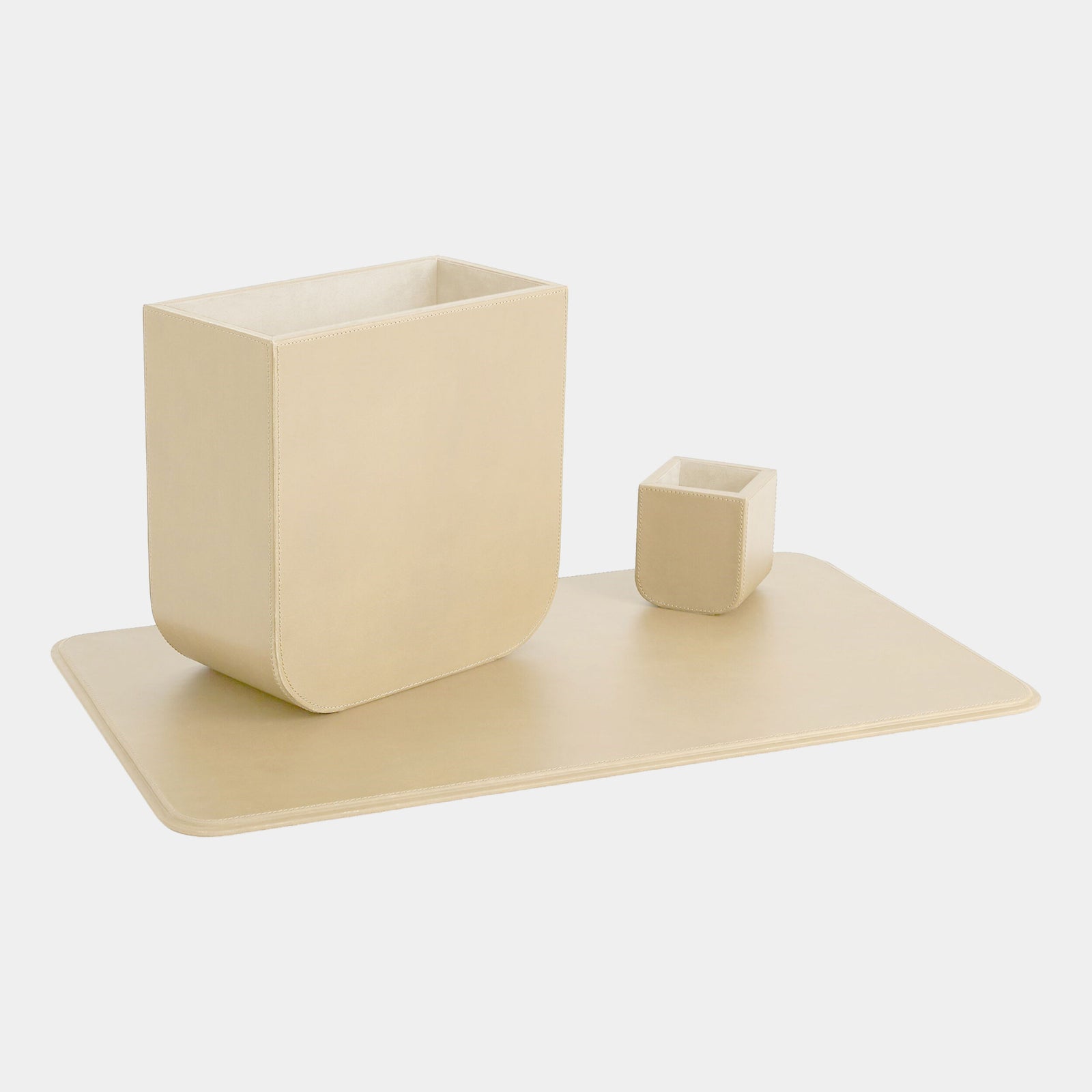 Radius Edge Leather Wastebasket-Beige