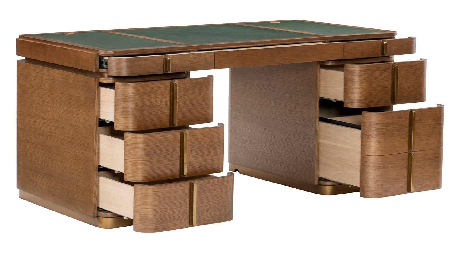 Desk opening: 26"H x 28"W. Center drawer with dividers. Left upright = 3 drawers. Right upright = 1 drawer + 1 file draw