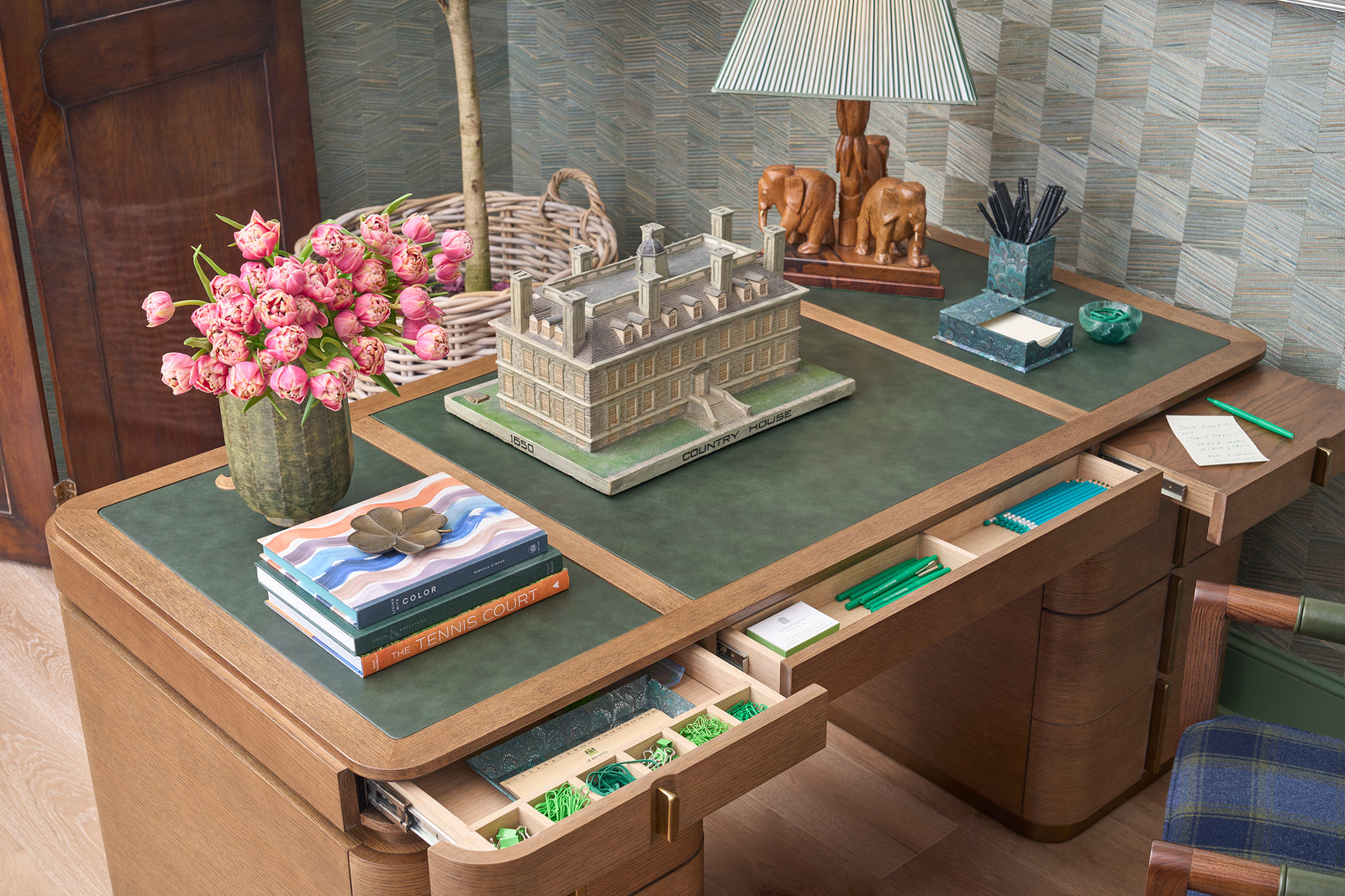 Desk opening: 26"H x 28"W. Center drawer with dividers. Left upright = 3 drawers. Right upright = 1 drawer + 1 file draw