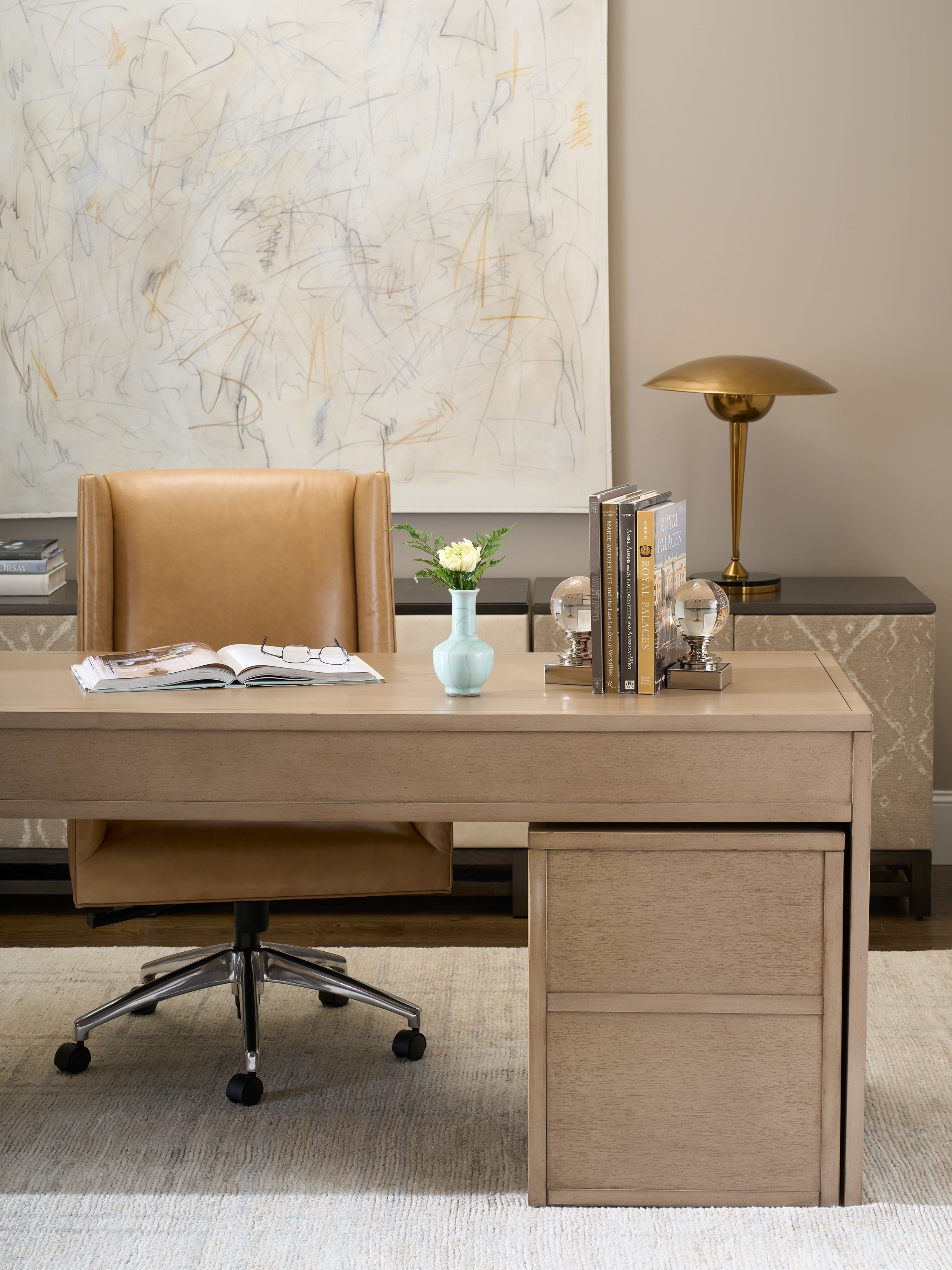 HARRISON FOUR-DRAWER DESK in Primavera Veneers, Maple Solids - Hickory Chair