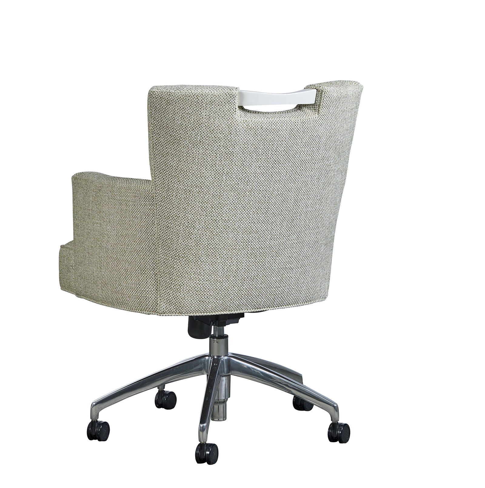 aluminum base - seat height ranges from 19" to 24". Arm height ranges from 25 1/4 to 30 1/4. Mahogany handle. Carrie Des