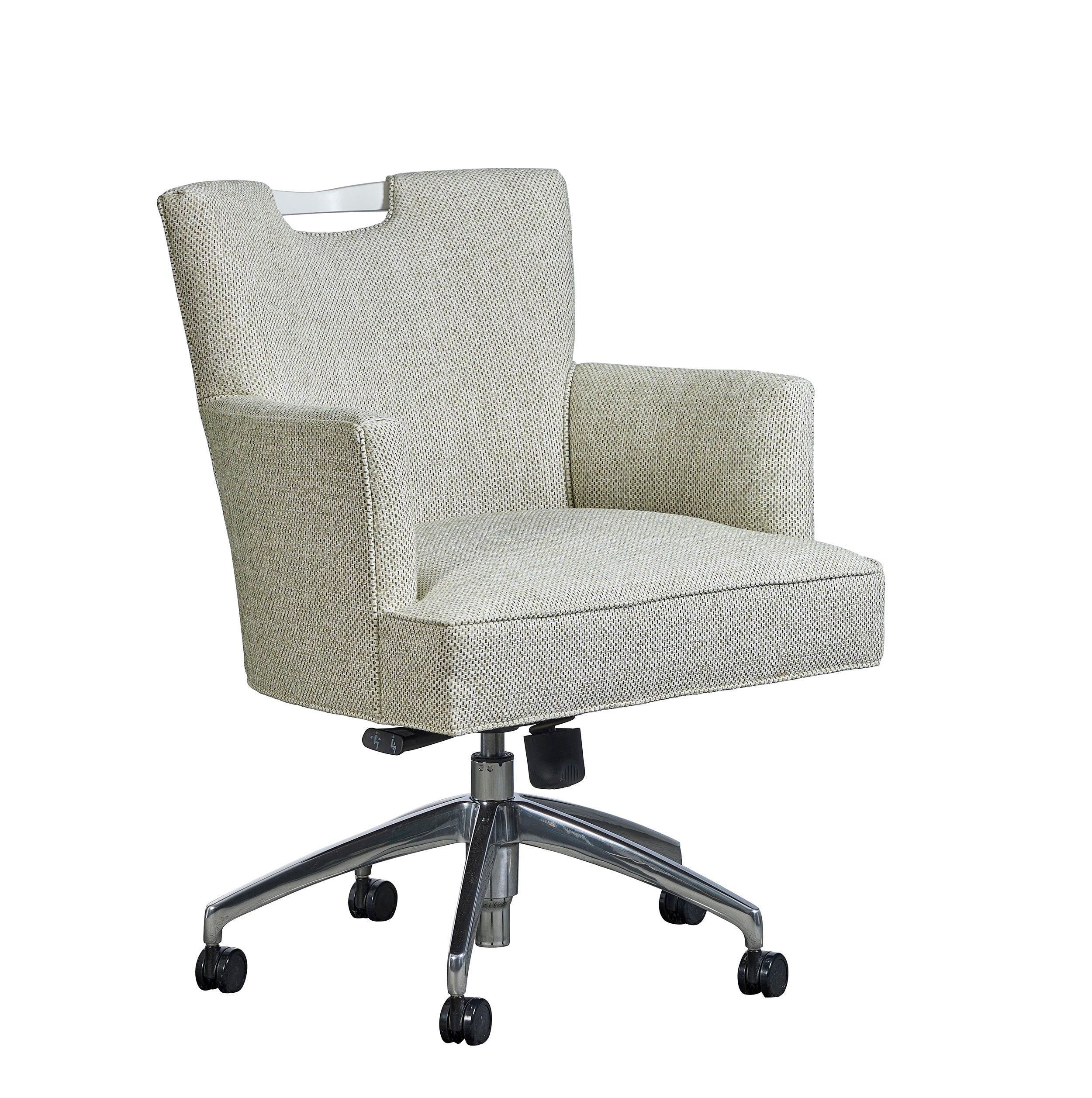 aluminum base - seat height ranges from 19" to 24". Arm height ranges from 25 1/4 to 30 1/4. Mahogany handle. Carrie Des