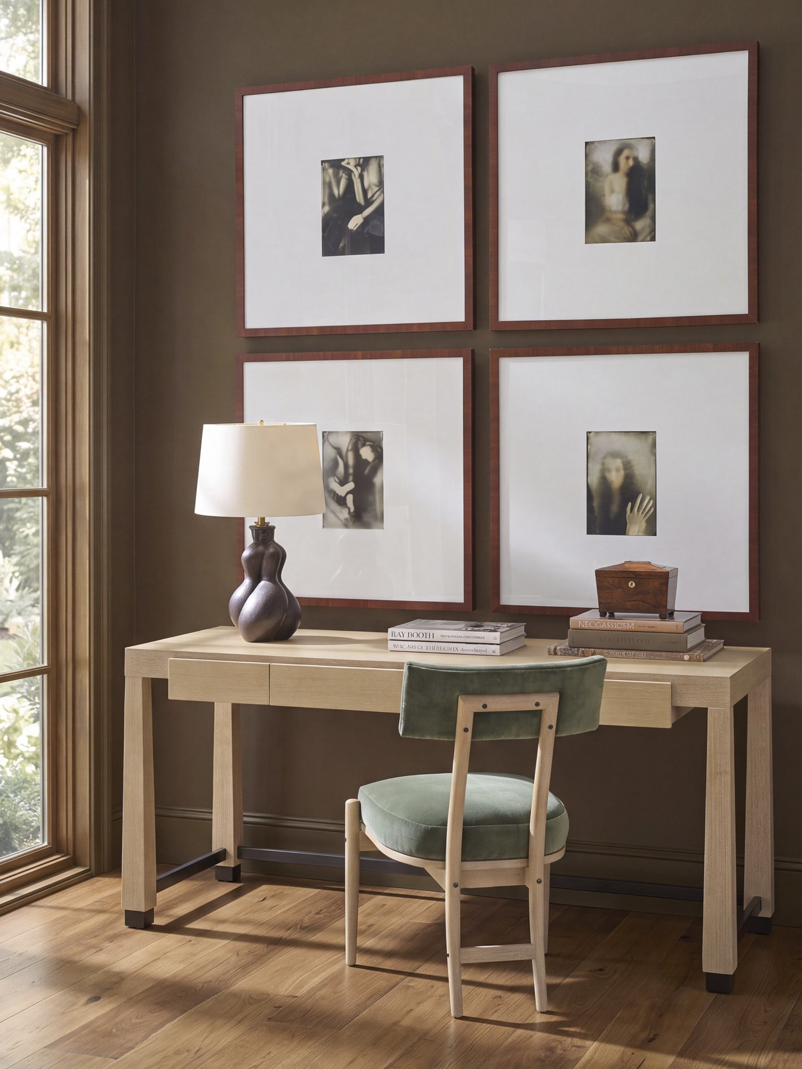 back to float. 3 drawers. Distance from bottom of drawers to floor 25". Orson Desk