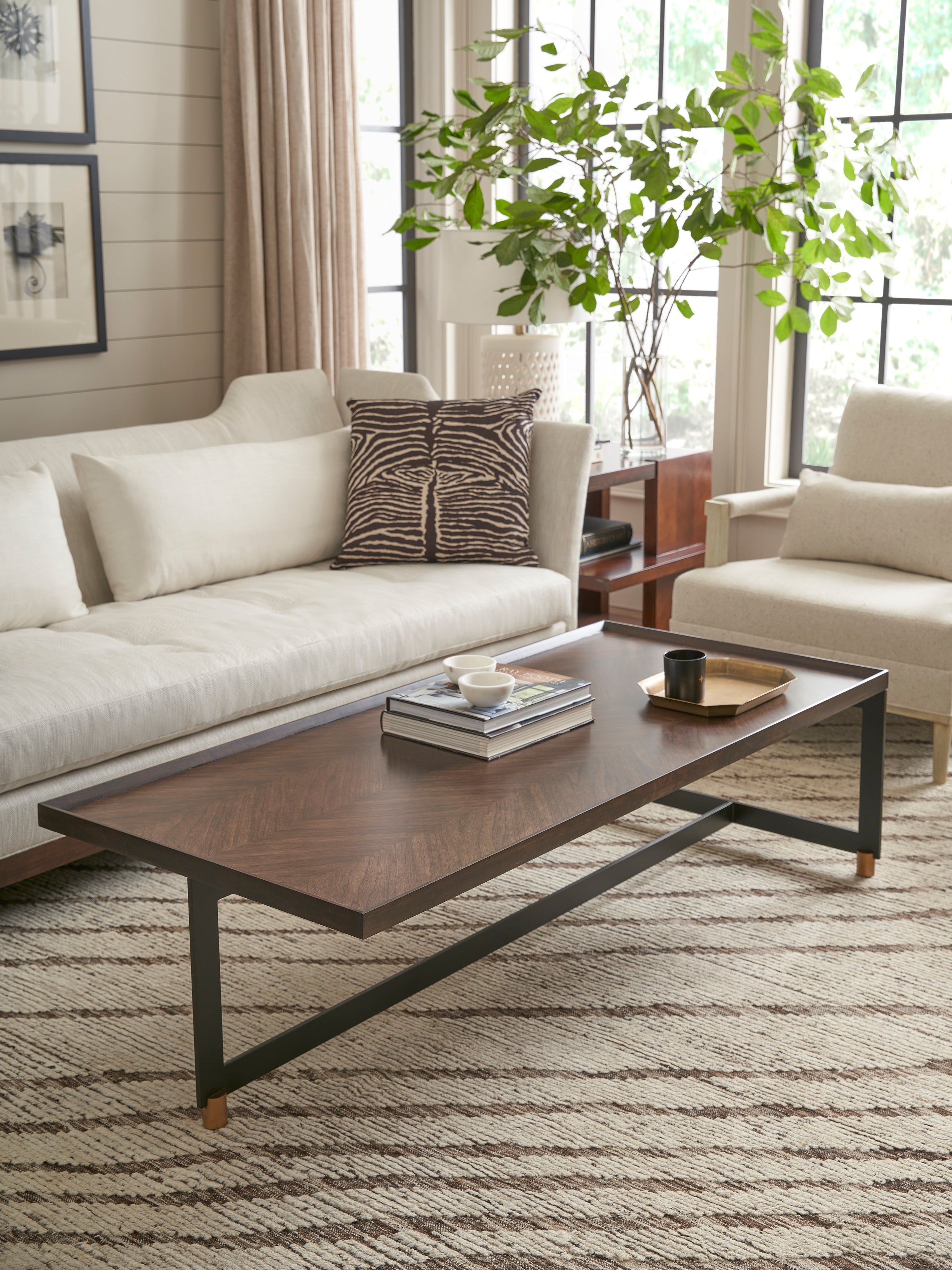 Tee Cocktail Table in Steel, American Walnut Veneers, American Walnut - Hickory Chair