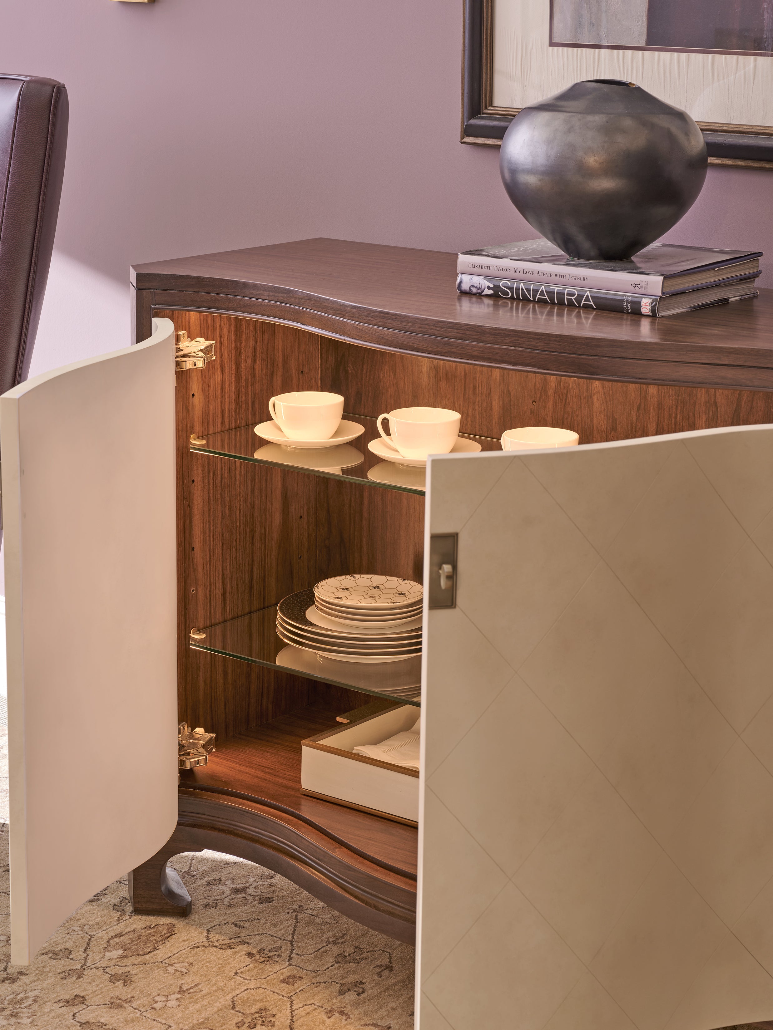 Sula Serpentine Chest in Walnut Veneers, Walnut Solids, Faux Vellum - Hickory Chair