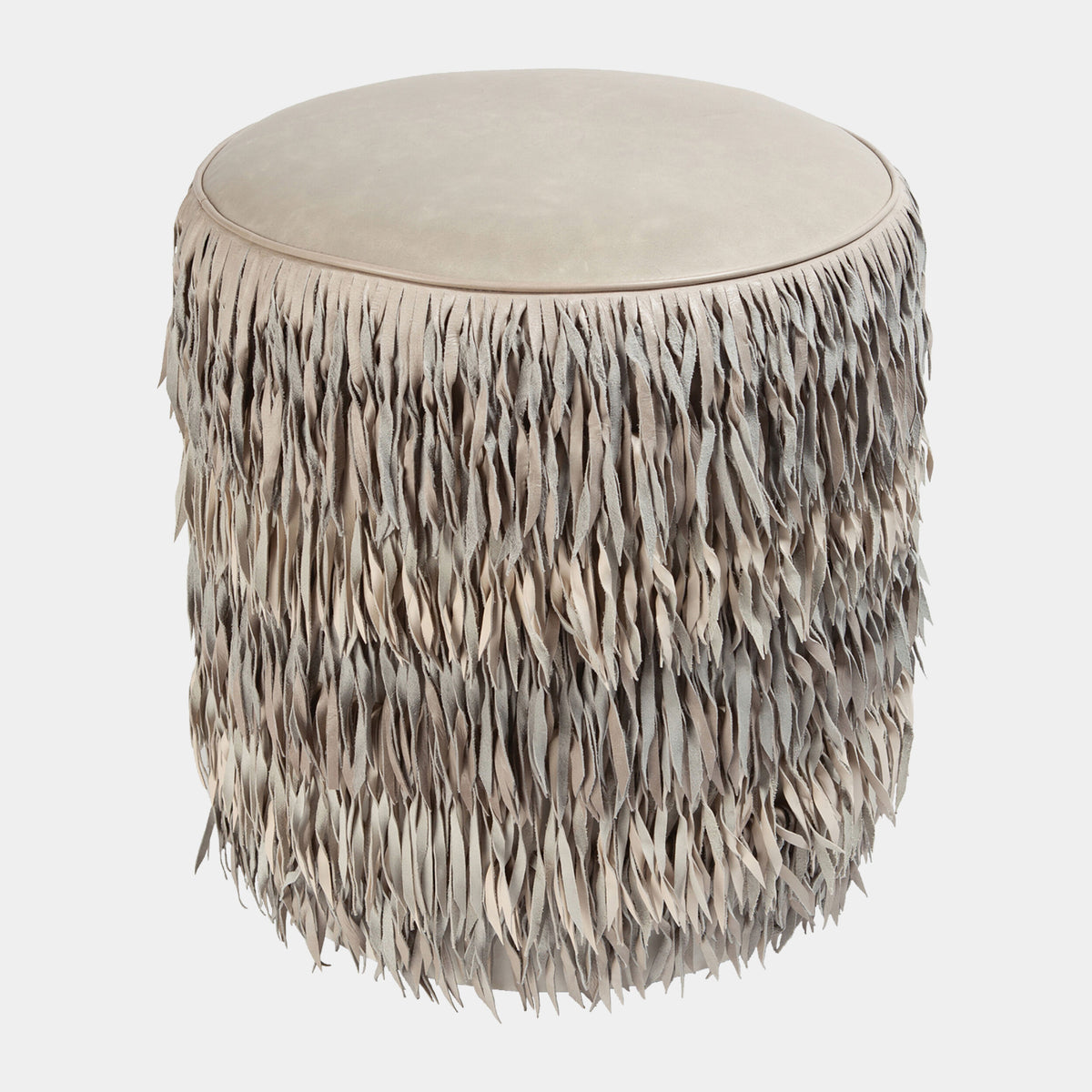 Thelma Fringe Ottoman-Light Gray Marble Leather