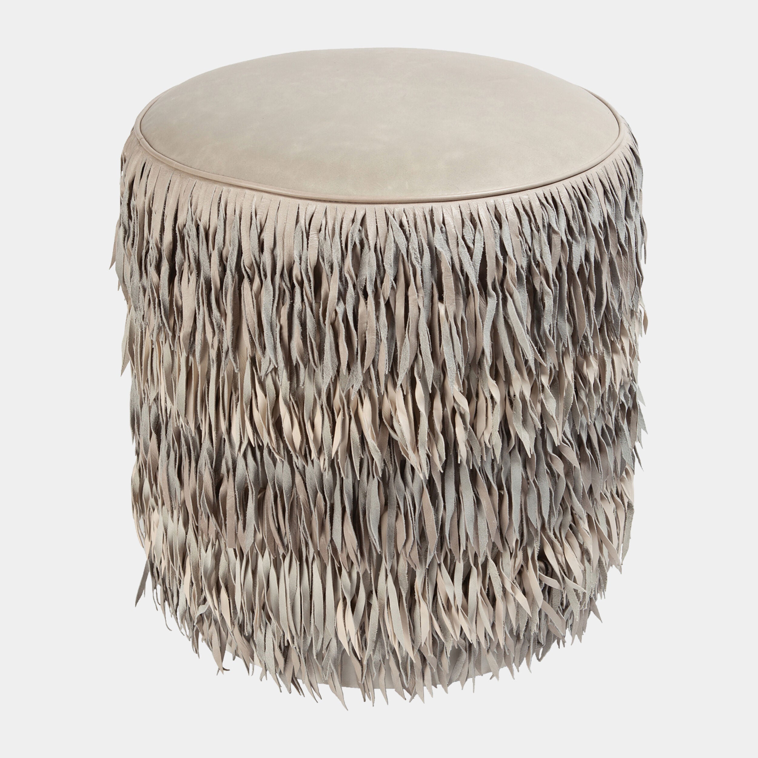 Thelma Fringe Ottoman-Light Gray Marble Leather