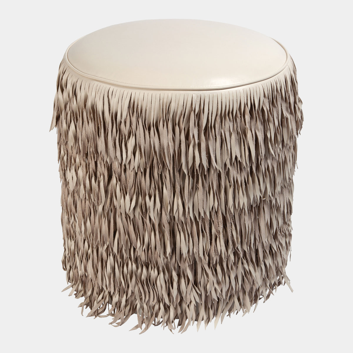 Thelma Fringe Ottoman-Ivory Marble Leather