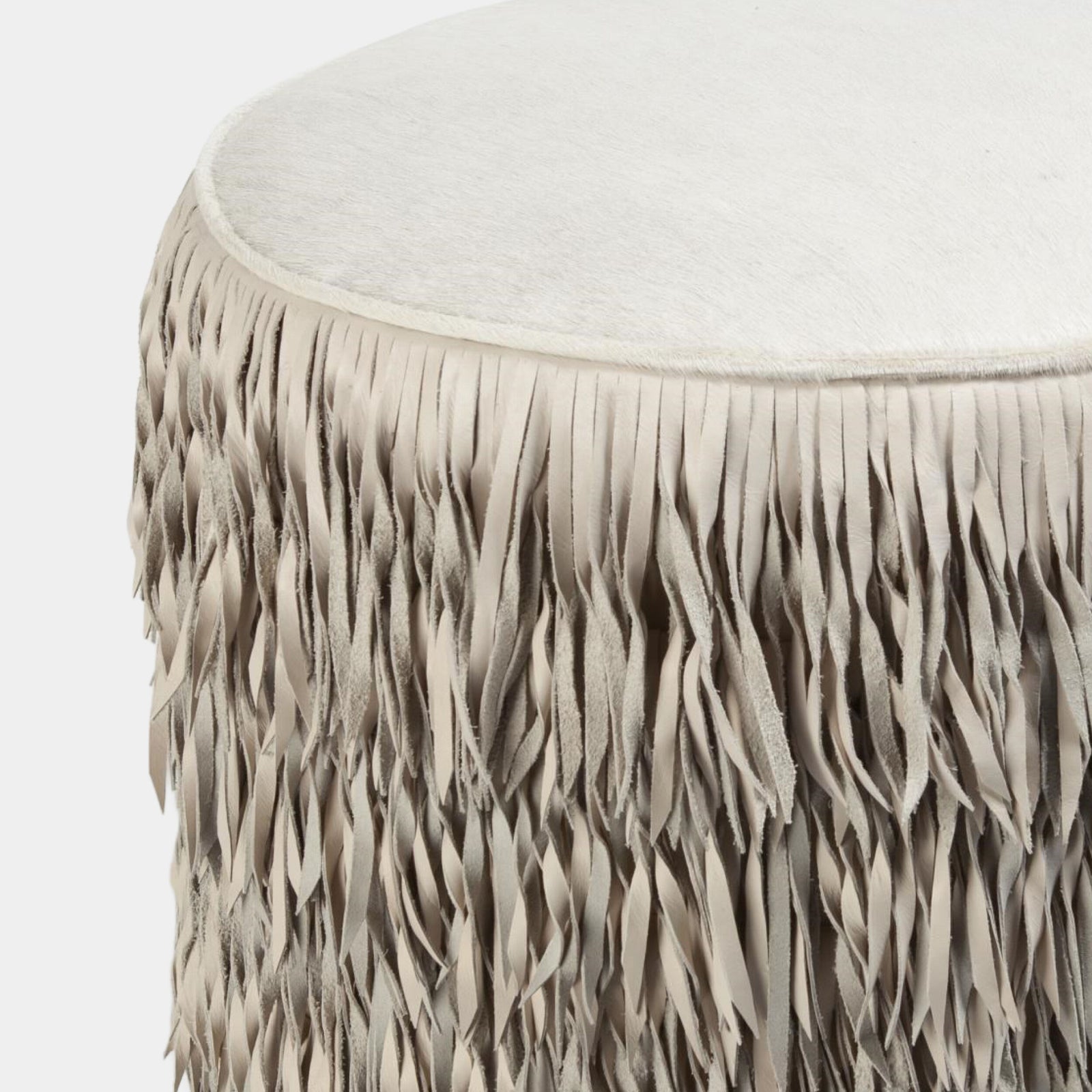 Thelma Fringe Ottoman-Ivory Hair-on-Hide
