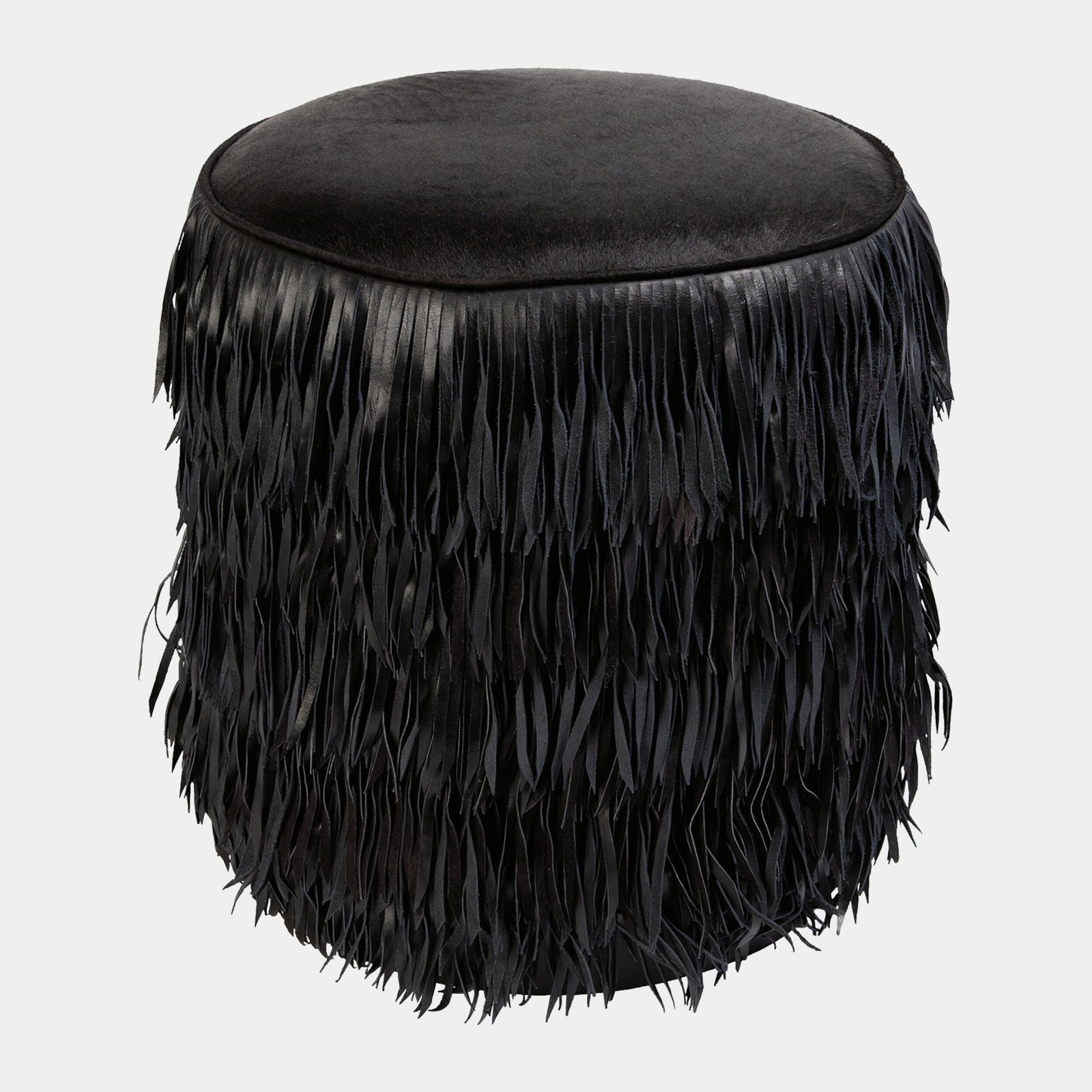 Thelma Fringe Ottoman-Black Hair-on-Hide